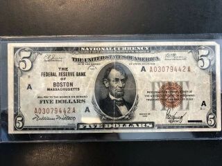 1929 $5 Federal Reserve Bank Note Boston