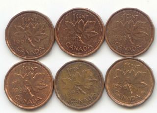 Canada 1991 1992 1993 1994 1995,  1996 One Cent Canadian Pennies Penny 1c Set