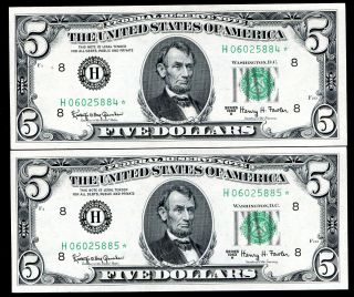 (2) Consecutive Fr 1968 - H 1963 - A $5 Star Frn Federal Reserve Notes Gem Unc