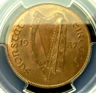 Pcgs Ms64rb Secure - Ireland 1937 Hen With Chicks 1 Penny Choice Bu Scarce