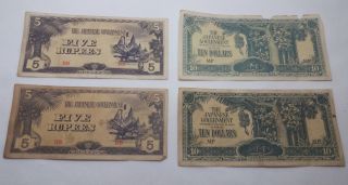 Ww2 Burma 5 Rupees Malaya 10 Dollars Japanese Occupation Bank Notes