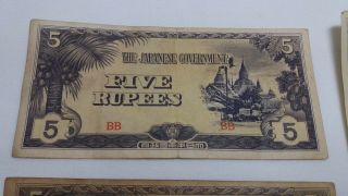 WW2 Burma 5 Rupees Malaya 10 Dollars Japanese Occupation Bank Notes 2