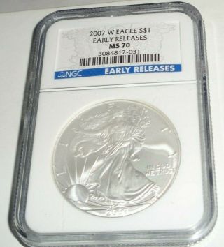 2007 W $1 American Silver Eagle Dollar Coin Ngc Ms 70 Early Releases Burnished