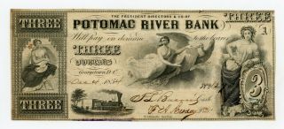 1854 $3 The Potomac River Bank - Georgetown,  D.  C.  Note