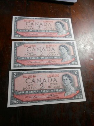 1954 Canada/canadian Set Of 3 Consecutive 2 Dollar Bank Notes Unc