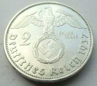 (460) Wwii German 2 Mark - 1937 A - Silver - Coin Big Swastika