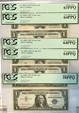 5 Consecutive 1957 Silver Certificate Star Notes Graded 58 - 64 Ppq