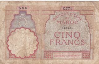 5 Francs Vg Banknote From French Morocco 1941 Pick - 23