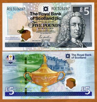 Scotland Royal Bank,  5 Pounds,  2014,  P -,  Hybrid Polymer Unc Ryder Cup
