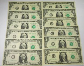 1969 $1 Federal Reserve Star Notes Uncirculated District Set - 12 Notes