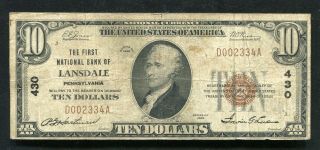 1929 $10 The First National Bank Of Lansdale,  Pa National Currency Ch.  430