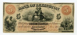 1860 $5 The Bank Of Lexington,  North Carolina Note W/ Slaves
