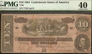 1864 $10 Dollar Bill Confederate States Currency Civil War Note Money Pmg 40