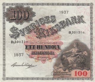 Sweden 100 Kronor 1937.  Sveriges Riksbank