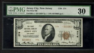 $10 1929 The First Nb Of Jersey City Nj National Bank Note Pmg 30