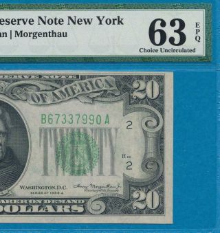 $20.  1934 - A York Green Seal Federal Reserve Note Pmg Choice 63epq