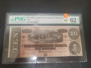 $10 1864 Confederate States Of America Note (t - 68) Pmg 62