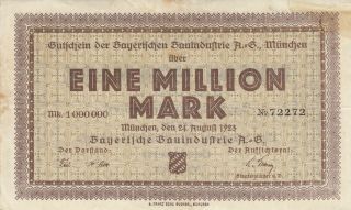 Germany Weimar Era Munich (bayerische Staatsbank) 1 Million Marks 1923 Banknote