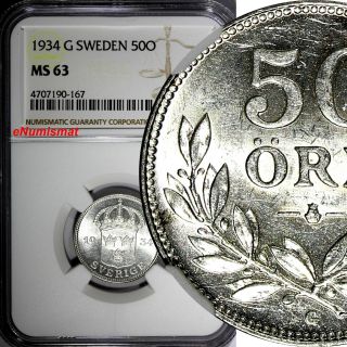 Sweden Gustaf V Silver 1934 G 50 Ore Ngc Ms63 Top Graded Coin By Ngc Km 788