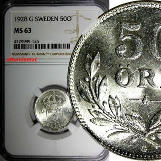 Sweden Gustaf V Silver 1928 G 50 Ore Ngc Ms63 Km 788