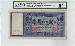 Germany,  Reichsbanknote 1910 P - 42 Pmg Choice Unc 64 100 Mark (red S/n)