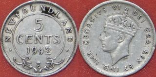 Very Fine 1942c Canada Newfoundland Silver 5 Cents