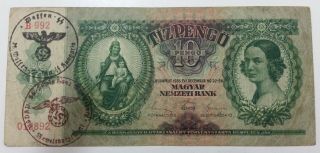 Banknote Hungary Magyar 10 Pengo German Occupation,  2 Nazi Stamp 1936 Rare 892