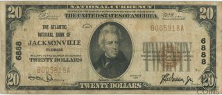 1929 United States $20 National Bank Of Jacksonville Note Charter 6888