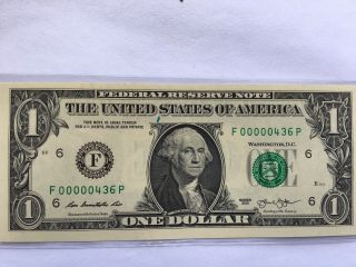 2013 $1 One Dollar Bill Fancy Low Serial Number F00000436
