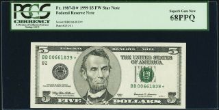 Fr.  1987 - B 1999 $5 Five Dollar Federal Reserve Star Note Pcgs 68ppq
