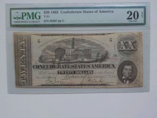 Civil War Confederate 1862 20 Dollar Bill Pmg Richmond Virginia Paper Money Note