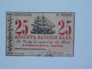 Civil War Confederate 1861 25 Cents Note Augusta Savings Bank Georgia Money Csa