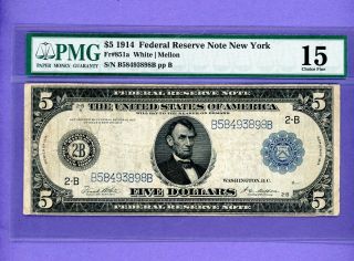1914 $5 Federal Reserve Bank Of York Fr 851a White - Mellon Pmg - 15 Choice Fine