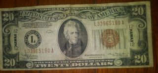 1934 A $20 Twenty Dollar Hawaii Wwii Emergency Brown Seal Federal Reserve Note