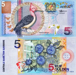 Suriname 5 Gulden Banknote World Paper Money Unc Currency Pick P146 Woodpecker
