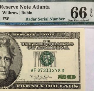 1996 $20 Atlanta Frn,  Pmg Gem Uncirculated 66 Epq Banknote,  Radar Serial Number