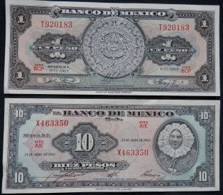 Mexico,  2 Vintage Crisp Uncirculated Bills: 1 Peso 1965,  10 Pesos 1963