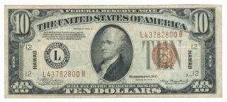 1934 - A $10 Federal Reserve " Hawaii " Note - Julian & Morganthau,  Jr.  - Fine Plus
