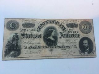 1864 $100 Confederate States Of America Bill " Women Of The South "