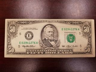 1993 Richmond $50 Dollar Bill Note Frn E02941276a Crisp Margin Error