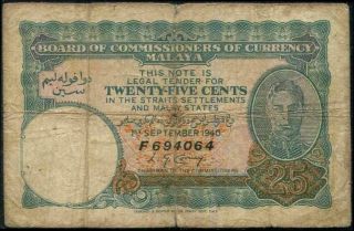Malaya Board Of Commissioners Of Currency Note Kgvi Banknote 1940.  25 Cents