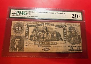 1861 T - 20 $20 Confederate States Of America Confederate Note Pmg20 Very Fine Net