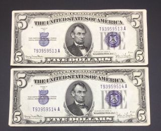 1934 CONSECUTIVE SET ($5) FIVE DOLLAR BLUE SEAL SILVER CERTIFICATES 2
