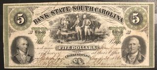 The Bank Of The State Of South Carolina $5 Note Swamp Fox Confederate