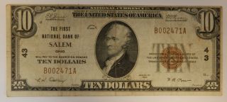 1929 - First Natl Bank/salem,  Ohio - $10 Natl Currency - 43 - Type 1 751z