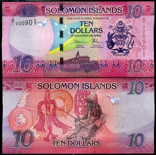 Solomon Islands 10 Dollars 2017 P 33 Design Low Serial Number 3 Digit Unc