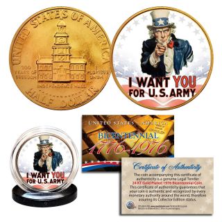 Uncle Sam I Want You For U.  S.  Army 24k Gold Plated 1976 Jfk Half Dollar Coin