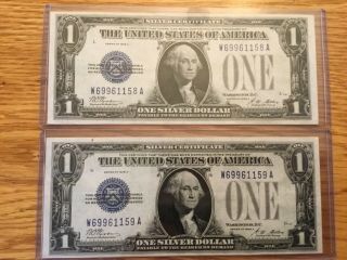 2 Consecutive 1928 $1 Silver Certificate Funny Back One Dollar Bills Unc