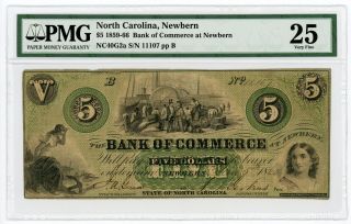 1860 $5 The Bank Of Commerce At Newbern,  North Carolina Note - Pmg Vf 25