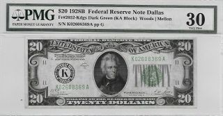 1928b Dallas $20 Federal Reserve Note Redeemable In Gold Pmg 30 Vf
